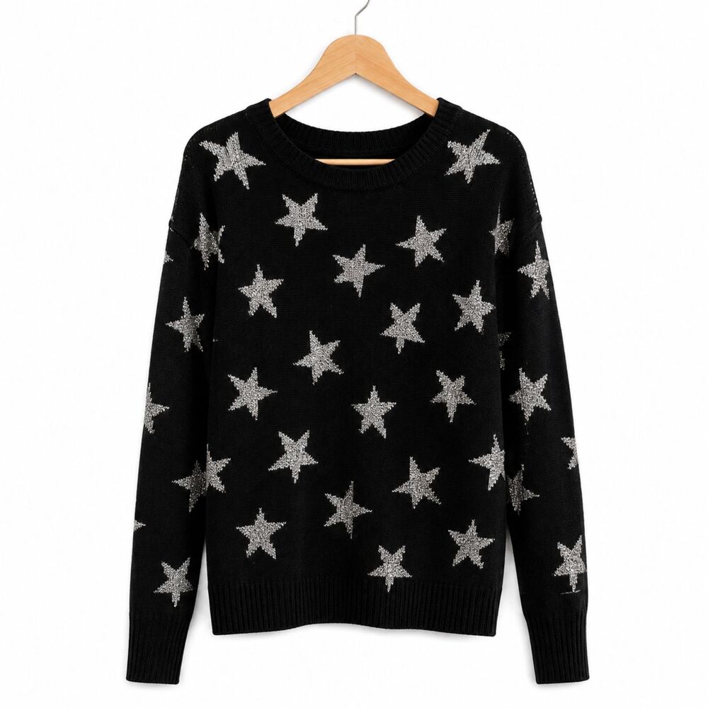Jones New York NEW Oversized Black Silver Star Crewneck Sweater Metallic Knit SM